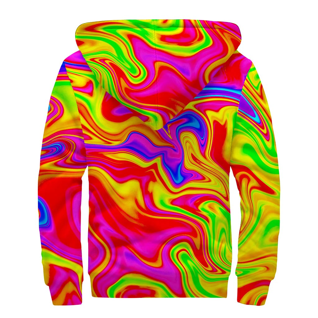 Abstract Colorful Liquid Trippy Print Sherpa Lined Zip Up Hoodie