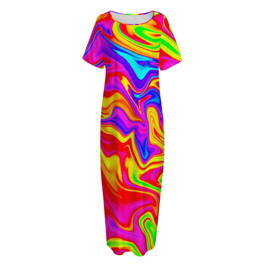 Abstract Colorful Liquid Trippy Print Short Sleeve Long Nightdress