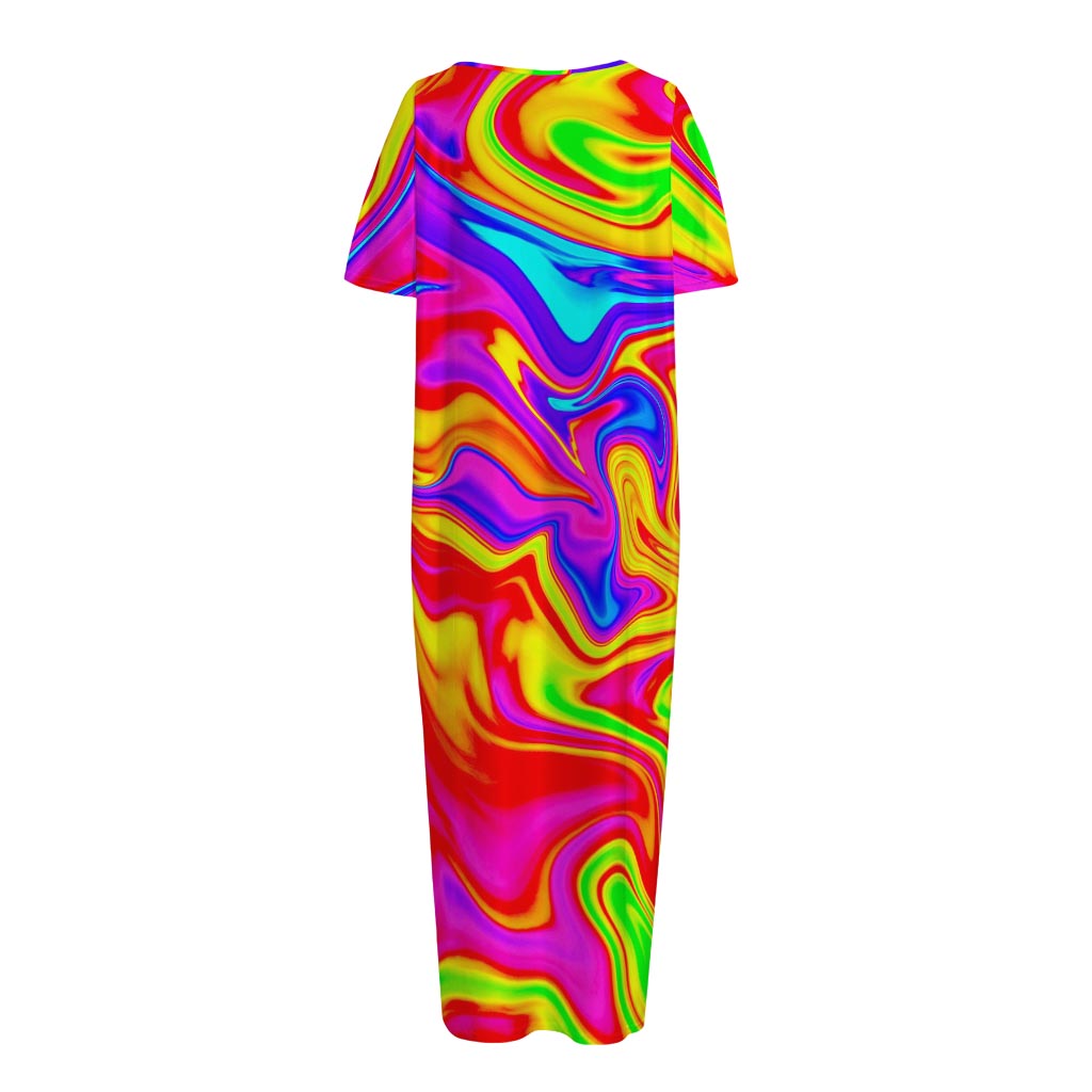 Abstract Colorful Liquid Trippy Print Short Sleeve Long Nightdress