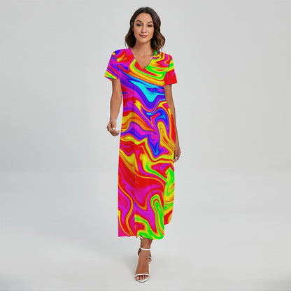 Abstract Colorful Liquid Trippy Print Short Sleeve Maxi Dress