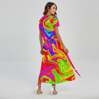 Abstract Colorful Liquid Trippy Print Short Sleeve Maxi Dress