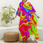 Abstract Colorful Liquid Trippy Print Silk V-Neck Kaftan Dress