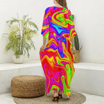 Abstract Colorful Liquid Trippy Print Silk V-Neck Kaftan Dress