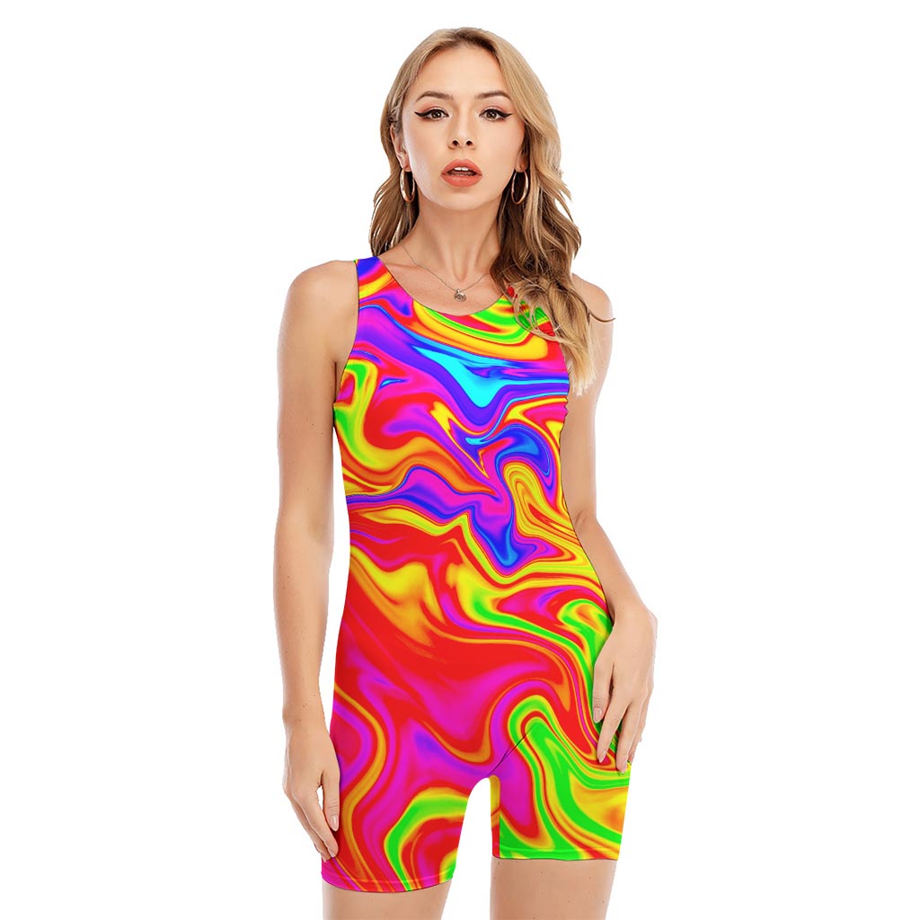 Abstract Colorful Liquid Trippy Print Sleeveless One Piece Swimsuit