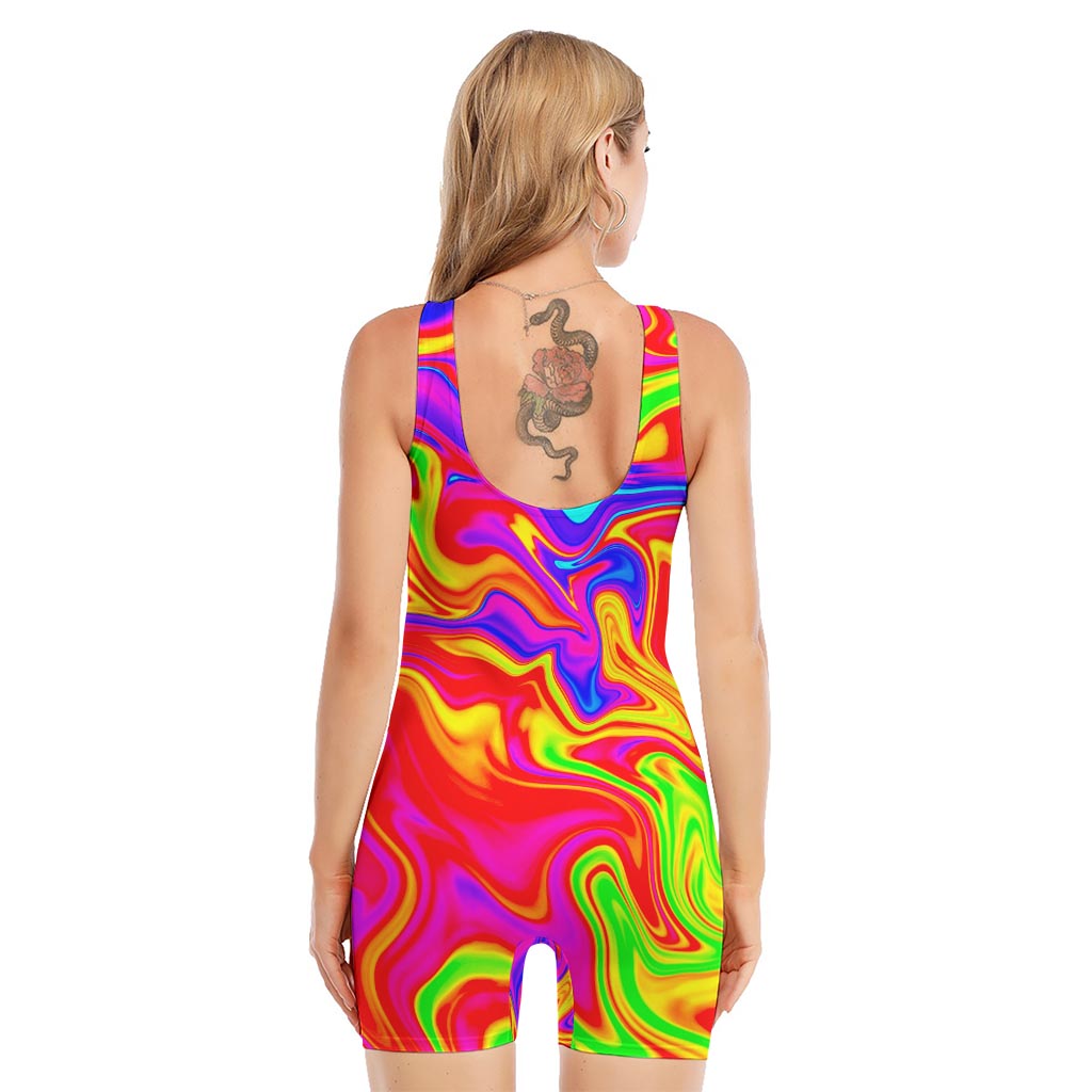 Abstract Colorful Liquid Trippy Print Sleeveless One Piece Swimsuit