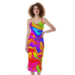Abstract Colorful Liquid Trippy Print Slim Fit Midi Cami Dress