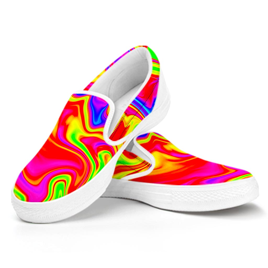 Abstract Colorful Liquid Trippy Print White Slip On Sneakers