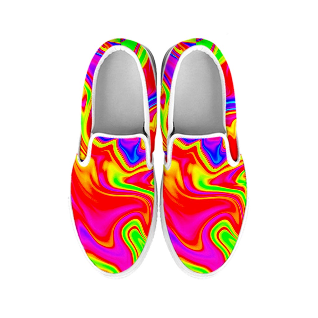 Abstract Colorful Liquid Trippy Print White Slip On Sneakers