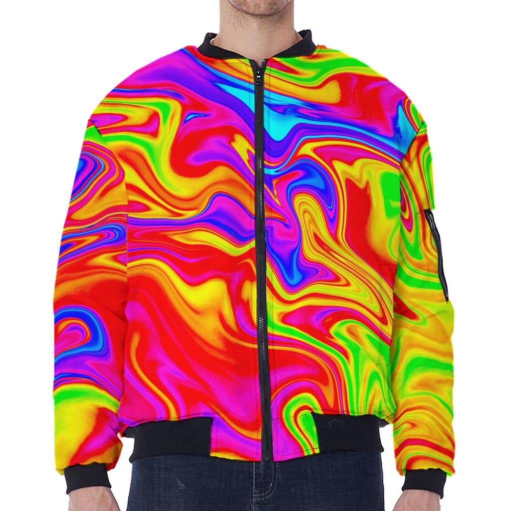Abstract Colorful Liquid Trippy Print Zip Sleeve Bomber Jacket