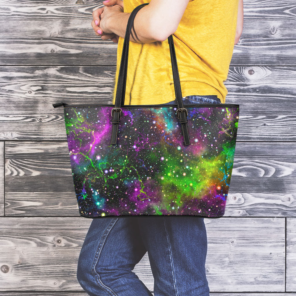 Abstract Dark Galaxy Space Print Leather Tote Bag