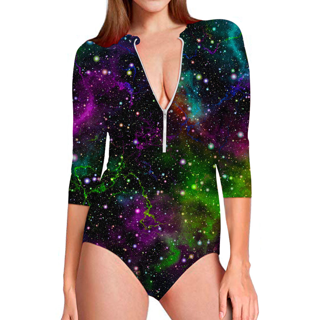 Abstract Dark Galaxy Space Print Long Sleeve Swimsuit