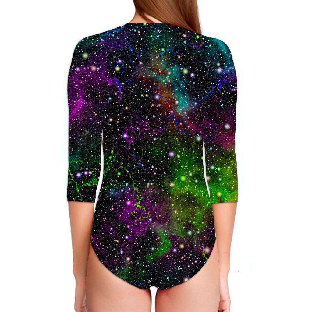 Abstract Dark Galaxy Space Print Long Sleeve Swimsuit