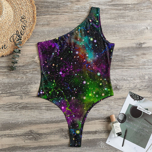 Abstract Dark Galaxy Space Print One Shoulder Bodysuit
