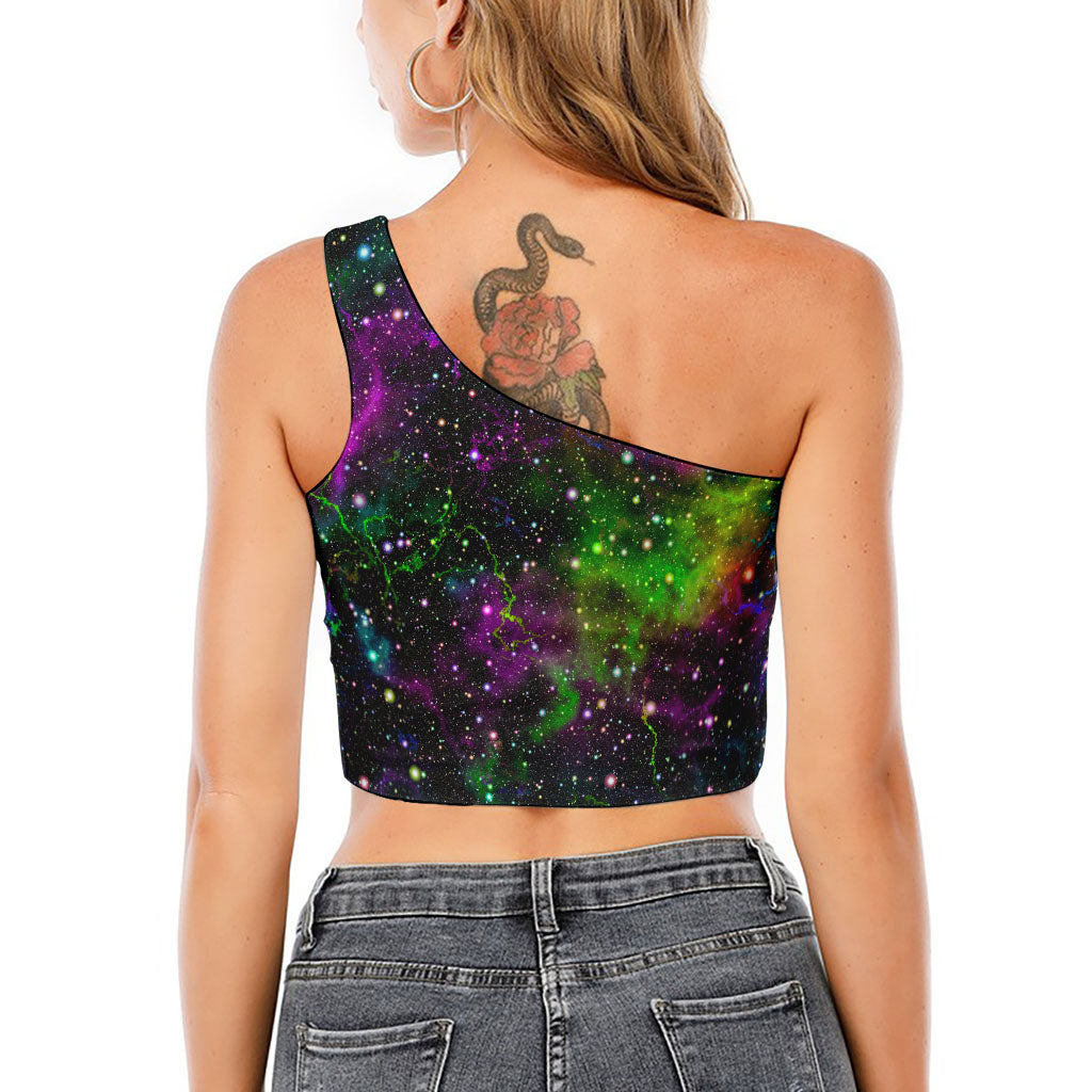 Abstract Dark Galaxy Space Print One Shoulder Crop Top