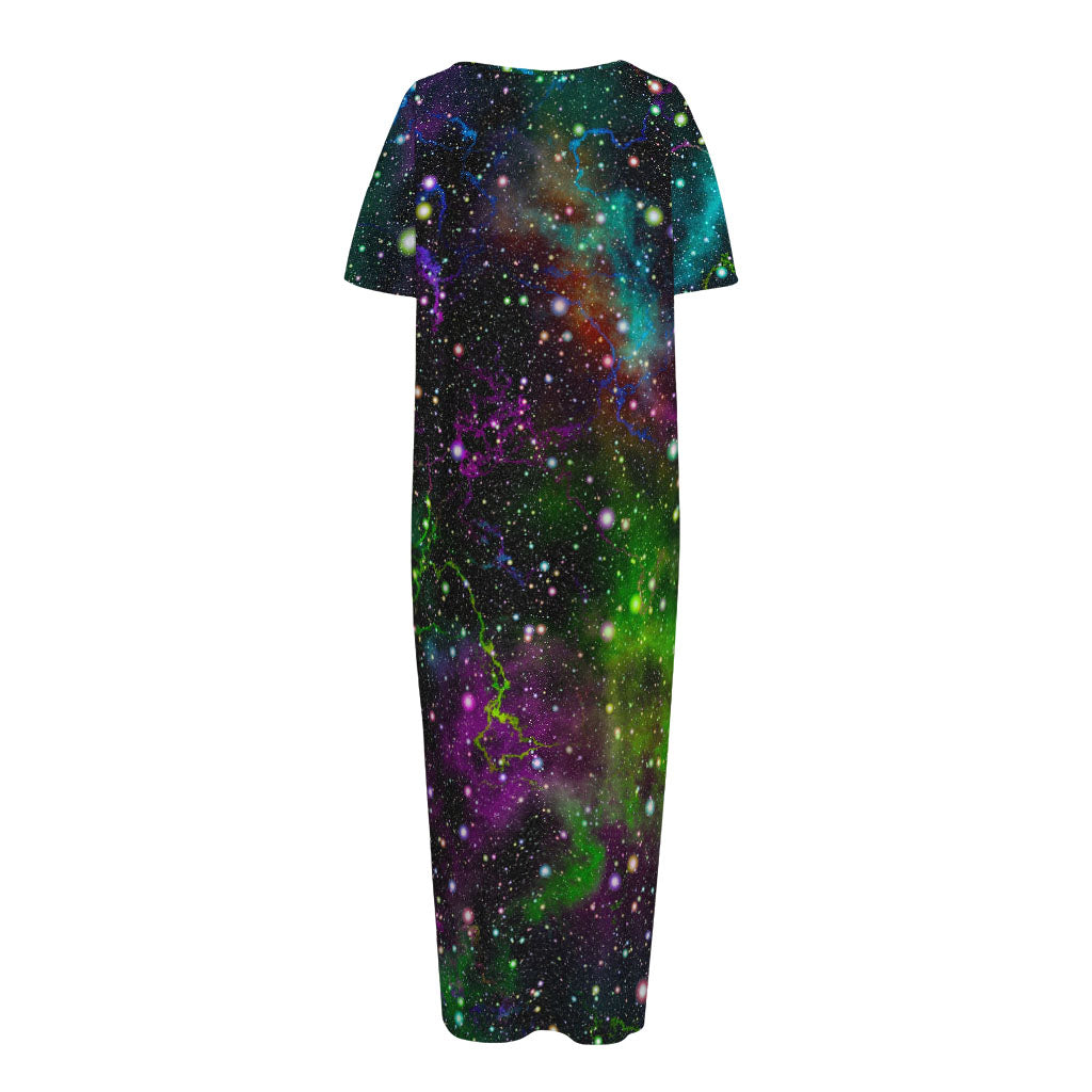 Abstract Dark Galaxy Space Print Short Sleeve Long Nightdress