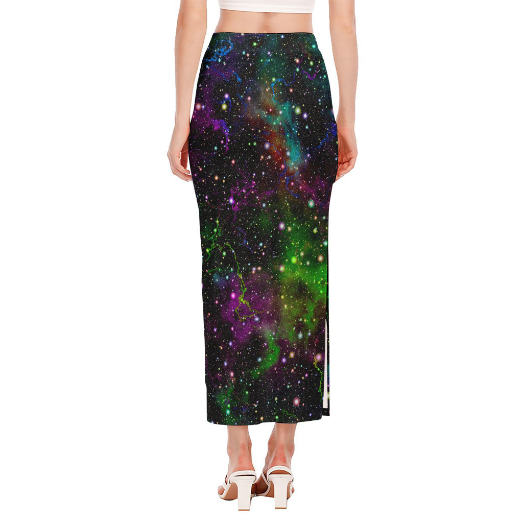 Abstract Dark Galaxy Space Print Side Slit Maxi Skirt