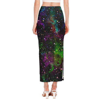 Abstract Dark Galaxy Space Print Side Slit Maxi Skirt