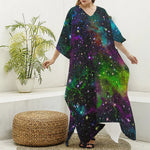 Abstract Dark Galaxy Space Print Silk V-Neck Kaftan Dress