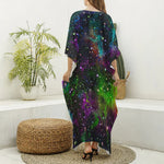 Abstract Dark Galaxy Space Print Silk V-Neck Kaftan Dress