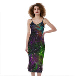 Abstract Dark Galaxy Space Print Slim Fit Midi Cami Dress
