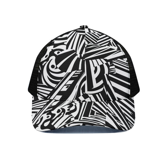 Abstract Dazzle Pattern Print Black Mesh Trucker Cap