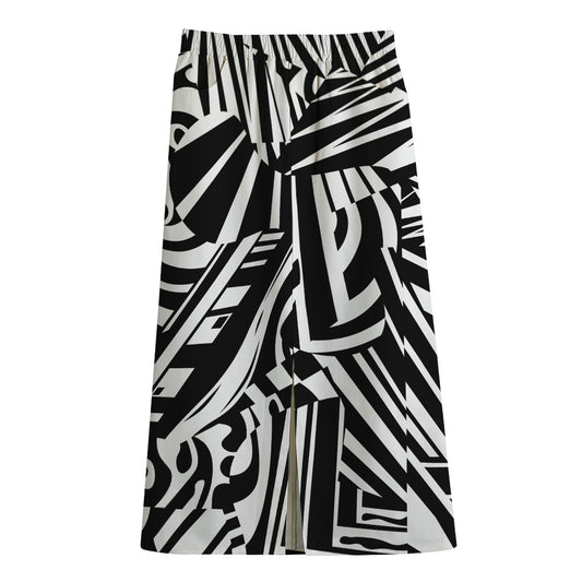 Abstract Dazzle Pattern Print Cotton Front Slit Maxi Skirt