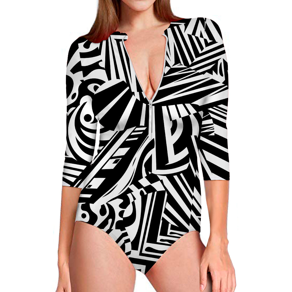 Abstract Dazzle Pattern Print Long Sleeve Swimsuit