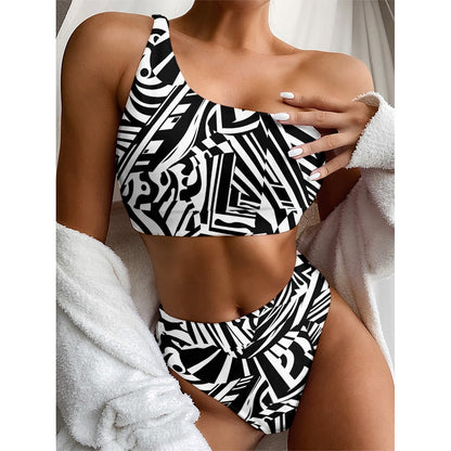 Abstract Dazzle Pattern Print One Shoulder Bikini Top
