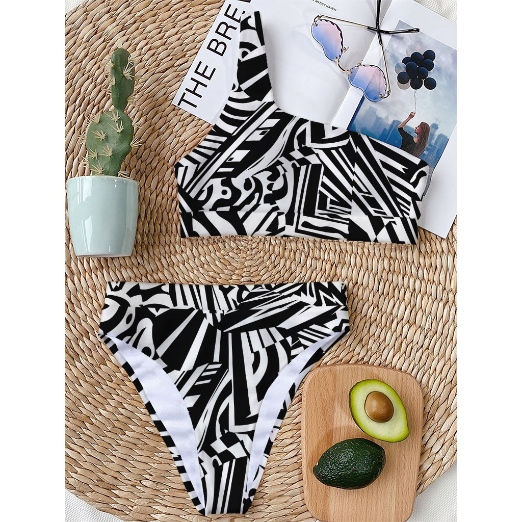 Abstract Dazzle Pattern Print One Shoulder Bikini Top