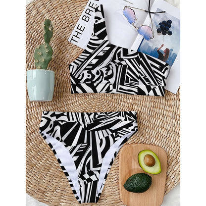 Abstract Dazzle Pattern Print One Shoulder Bikini Top