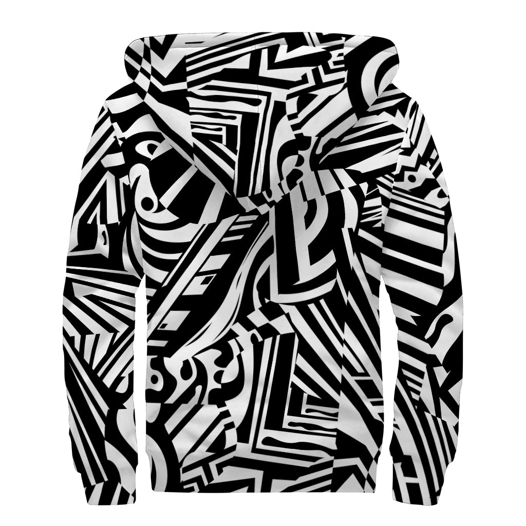 Abstract Dazzle Pattern Print Sherpa Lined Zip Up Hoodie