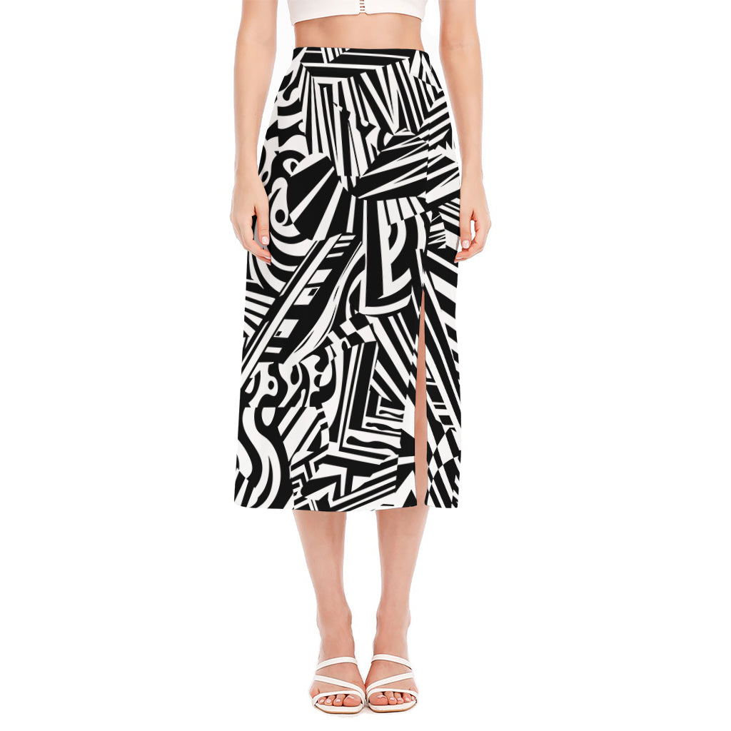 Abstract Dazzle Pattern Print Side Slit Midi Skirt