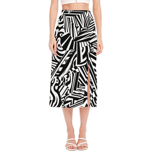 Abstract Dazzle Pattern Print Side Slit Midi Skirt