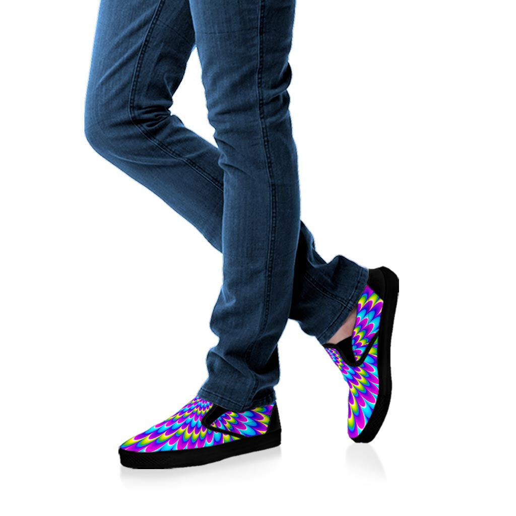 Abstract Dizzy Moving Optical Illusion Black Slip On Sneakers