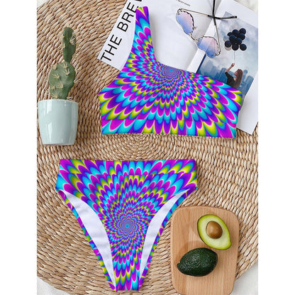 Abstract Dizzy Moving Optical Illusion One Shoulder Bikini Top