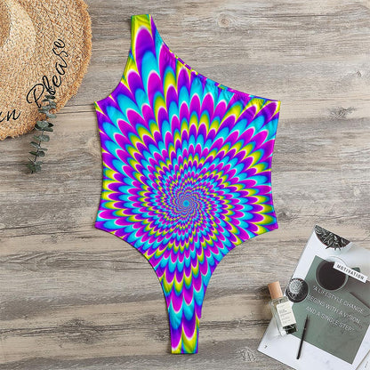 Abstract Dizzy Moving Optical Illusion One Shoulder Bodysuit