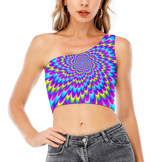 Abstract Dizzy Moving Optical Illusion One Shoulder Crop Top