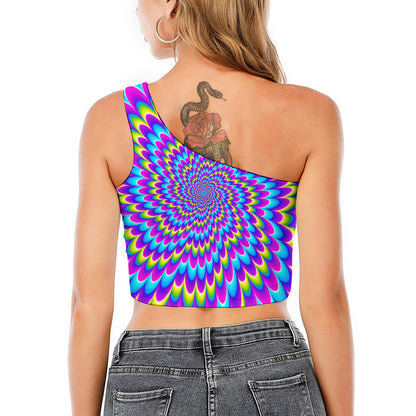 Abstract Dizzy Moving Optical Illusion One Shoulder Crop Top