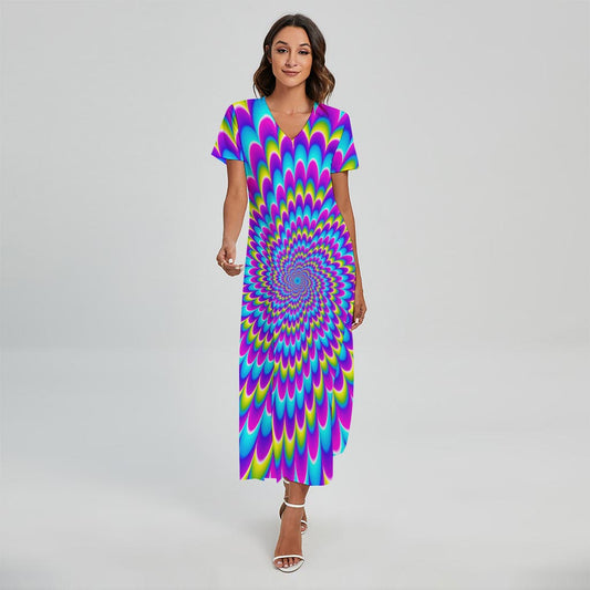 Abstract Dizzy Moving Optical Illusion Short Sleeve Maxi Dress