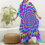 Abstract Dizzy Moving Optical Illusion Silk V-Neck Kaftan Dress