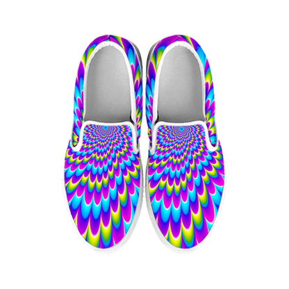 Abstract Dizzy Moving Optical Illusion White Slip On Sneakers