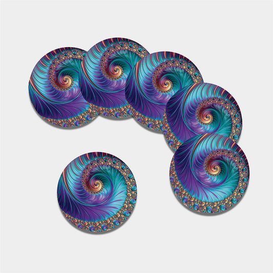 Abstract Fractal Print Leather Coaster Set