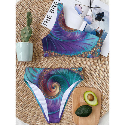 Abstract Fractal Print One Shoulder Bikini Top