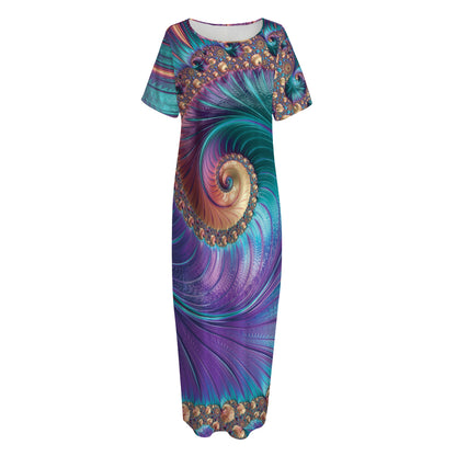 Abstract Fractal Print Short Sleeve Long Nightdress