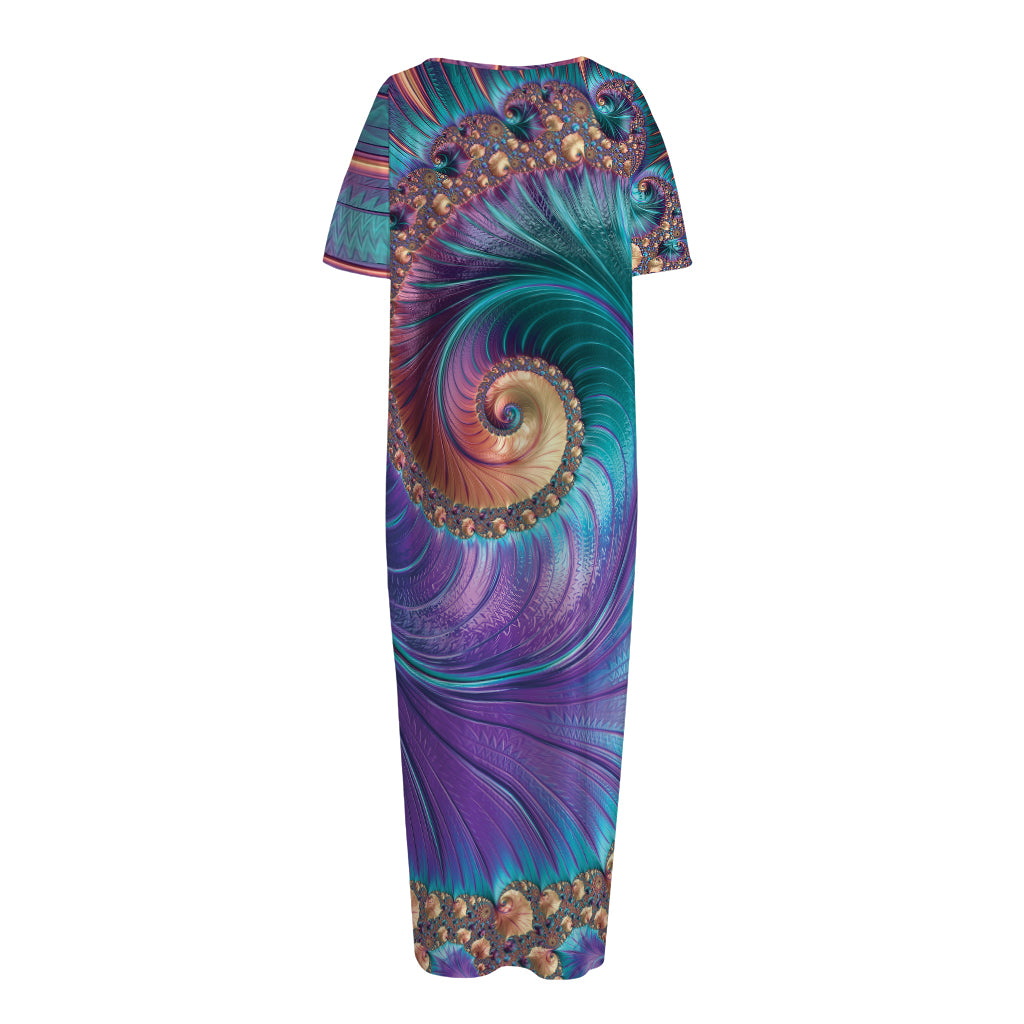 Abstract Fractal Print Short Sleeve Long Nightdress