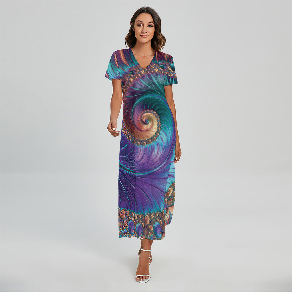 Abstract Fractal Print Short Sleeve Maxi Dress