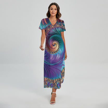Abstract Fractal Print Short Sleeve Maxi Dress