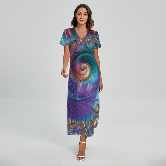 Abstract Fractal Print Short Sleeve Maxi Dress