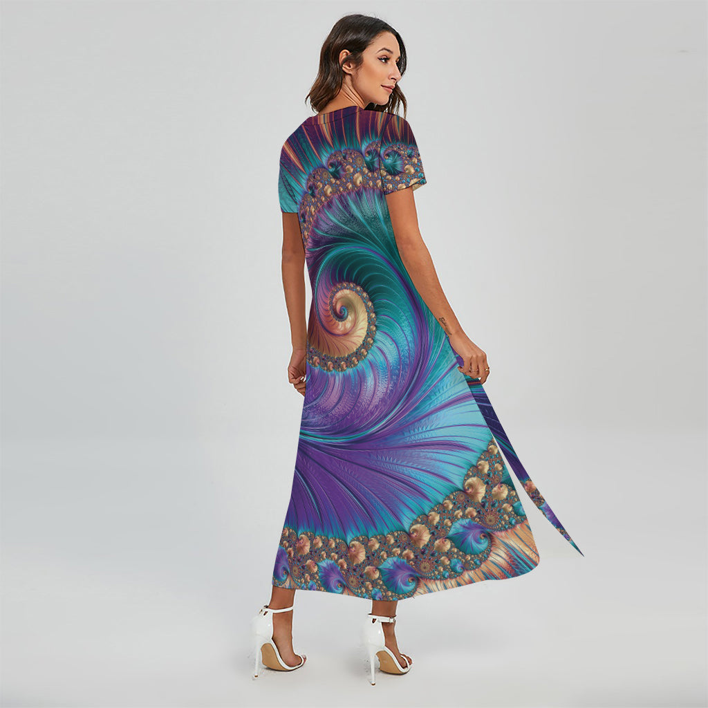 Abstract Fractal Print Short Sleeve Maxi Dress