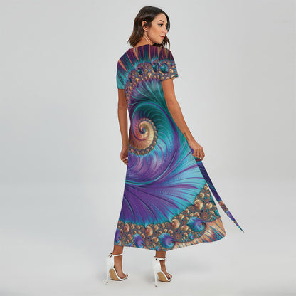Abstract Fractal Print Short Sleeve Maxi Dress